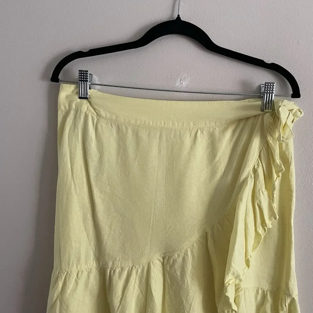 Free People Women 12 Lemon Gelato Linen Blend Ruffle My Feathers Mini Wrap Skirt